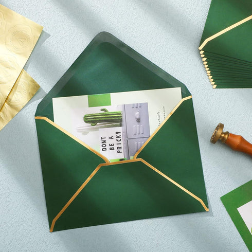 Teling 50 Pcs A7 Envelopes 5 x 7 Card Envelopes and 50 Pcs Gold Embossed Wax Seal Envelopes Self Adhesive V Flap Envelopes with Gold Border for Gr...