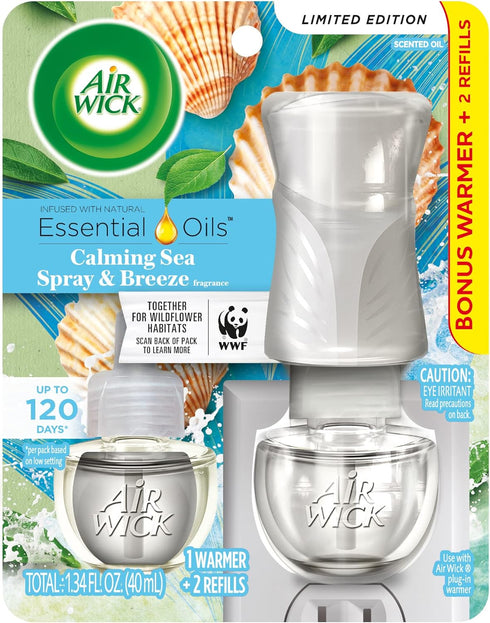 Air Wick Plug in Scented Oil Starter Kit (Warmer + 2 Refills), Calming Sea Spray & Breeze, Air Freshener, Essential Oils...