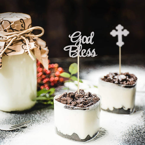 Ercadio Silver Glitter God Bless and Baptism Cupcake Toppers Cross Cupcake Picks Christian Party Decoration Supplies 24 PCS...