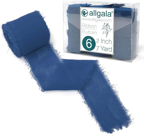 Allgala 6 Roll 2"x7yd Navy Blue Color Handmade Rustic Fringe Frayed Chiffon Ribbon for Bridal Wedding Gift Packing, Flower Bouquet Arrangement Wra...