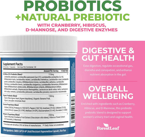 ForestLeaf Womens Probiotic 50 Billion CFU with Organic Prebiotics, Digestive Enzymes, Cranberry, D-Mannose - Prebiotics Probiotics for Women Dige...