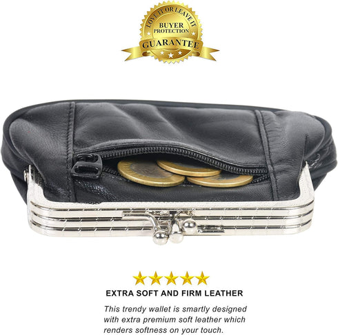 Women's Leather Metal Frame Double Clasp Zipper Coin Purse 5 1/4" x 3 1/4" (Black)...
