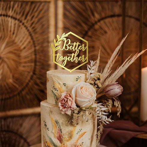 Better Together Cake Topper Hexagon Geometric Wooden Wedding Engagement Party Decoration Happy Birthday Anniversary Gold Silver Brown Natural Wood...