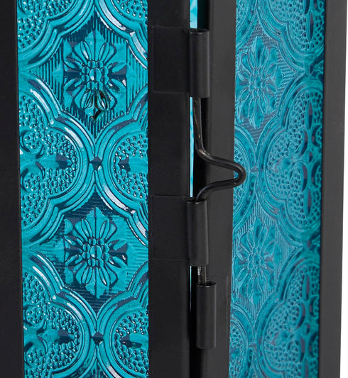 Zingz & Thingz Moroccan Style Candle Lantern Holder, Decorative Light Home Decor, Indoor & Outdoor, 13" Tall, Black with Blue Glass...