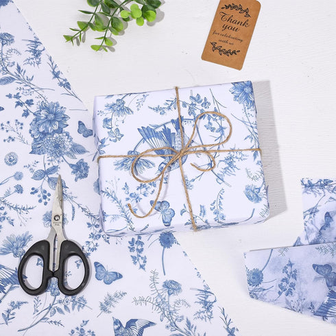 Whaline 100 Sheet Blue Floral Tissue Paper Chinoiserie Gift Wrapping Paper Blue Bird Butterfly Packaging Paper DIY Art Craft Paper for Baby Shower...