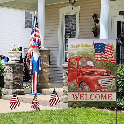 Welcome Summer American Red Truck 4th of July Decorative Garden Flag, House Yard Lawn Patriotic America Dog Outside Decor, USA Spring Home Outdoor...