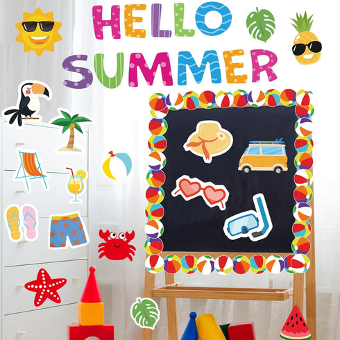 109Pcs Summer Cutouts Summer Bulletin Board Decorations Set Pool Beach Hawaiian Theme Cut Outs Ball Bulletin Board Border Summer Decorations for O...