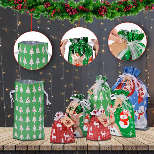 Christmas Gift Bags Assorted Sizes, 22pcs Drawstrings Christmas Bags For Gifts, Presents Wrapping Bags Favor Goody Bags Reusable Plastic Xmas Holi...