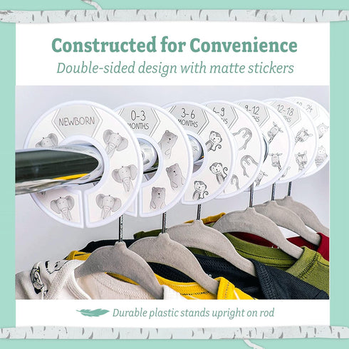 Baby Nest Designs Closet Dividers for Baby Clothes - 7X Baby Clothing Size Age Dividers from Newborn Infant to 24 Months - Grey Animals Baby Cloth...
