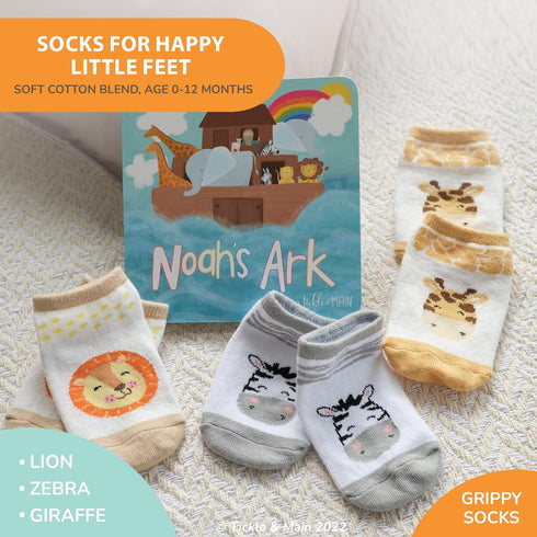 Tickle & Main Noah’s Ark 4-Piece Gift Set for Infants 0-12 Months, includes Storybook and 3 Pairs of Animal Socks Noah Arc Noahs Ark Book for Baby...