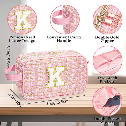 Initial Makeup Bag 3 Pieces Cute Make up Pouch Set -Pink Portable Makeup Brush Bag Travel Cosmetic Bag Multifunction Organizer Bag Monogram Person...