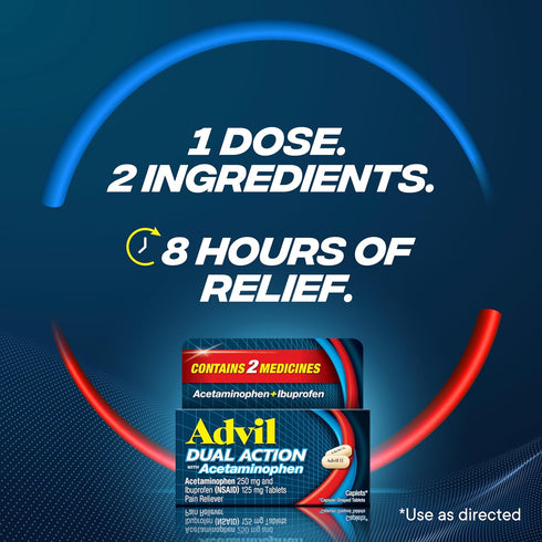 Advil Dual Action Coated Caplets with Acetaminophen, 250 Mg Ibuprofen and 500 Mg Acetaminophen Per Dose (2 Dose Equivalent) for 8 Hour Pain Relief...