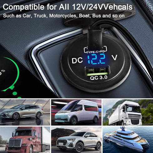 XMSJSIY USB Car Charger Socket Outlet 12V-24V USB/Type C Outlet PD & QC 3.0 Fast Car Charger 38W Power Waterproof Outlet Adapter with LED Voltmete...