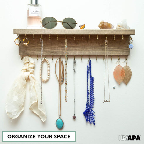 Ilyapa Wall Mounted Jewelry Organizer Shelf, Rustic White Wood - Necklace Holder, Earring and Bracelet Hanger Rack...