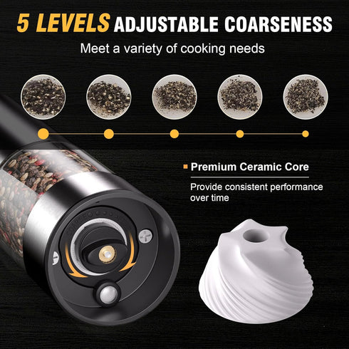 Electric Salt and Pepper Grinder, Rechargeable Automatic Pepper Mill with Type-C Cable, Adjustable Coarseness with Bright LED Light, 1.8oz Capacit...