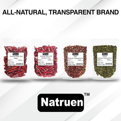 Natruen Whole Dry Szechuan Chinese Red Chili Pods 4 Oz (Medium Hot), Spicy Sichuan Dried Red Hot Chilies for Chili Oil, Paste, and Sauce...