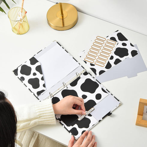 Cute Decorative Mini 3 Ring Binder for 5.5" x 8.5" Paper with 5-Tab Dividers, and File Folder Labels. 1 Inch Cow Print Mini Binder for Cute School...