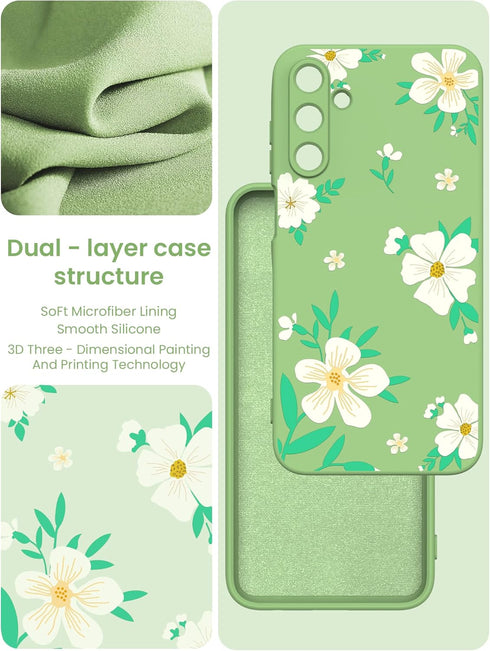 for Samsung Galaxy A15 5G Case, Girls Women Florals Liquid Silicone Phone Case, Shockproof Anti-Scratch Soft Protection Case with 2X Screen Protec...