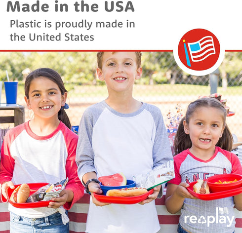 Re-Play Toddler Plates - 22 Oz. Deep-Walled Flat Kids Plates - Dishwasher & Microwave Safe - Made in USA - Set of 3-7.37" x 7.37" x 1.25" - A Prin...