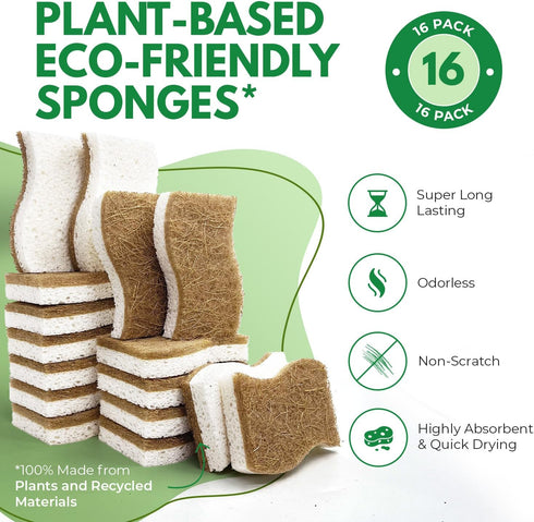 Natural Kitchen Sponges Pack of 16, Cellulose & Coconut Dish Sponge, Walnut Scrubber Sponges, Plate Friendly, No Scratch Eco Dishwashing Sponge fo...