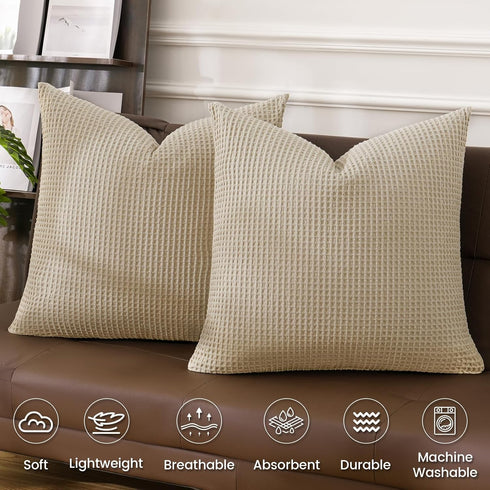 PHF 100% Cotton Waffle Weave Euro Shams 26" x 26", No Filling, 2 Pack Elegant Home Decorative Euro Throw Pillow Covers for Bed Couch Sofa, Khaki...
