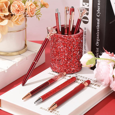 Sabary 8 Pcs Ballpoint Pens with Pen Holder for Desk Metal Crystal Diamond Pen Glitter Pencil Holder Fancy Pens Black Ink Bling Desk Organizer for...