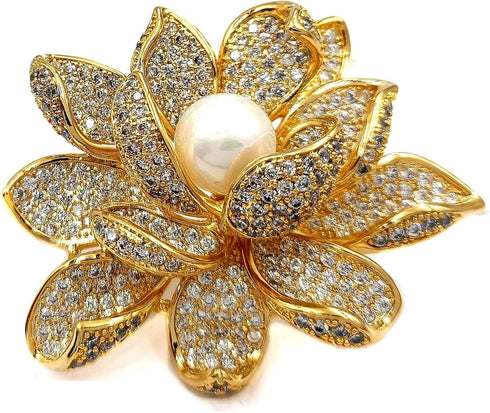Sparkling Gold Tone Imitated White Pearl Zircon Lotus Flower Brooch Pin Ladies Jewelry...