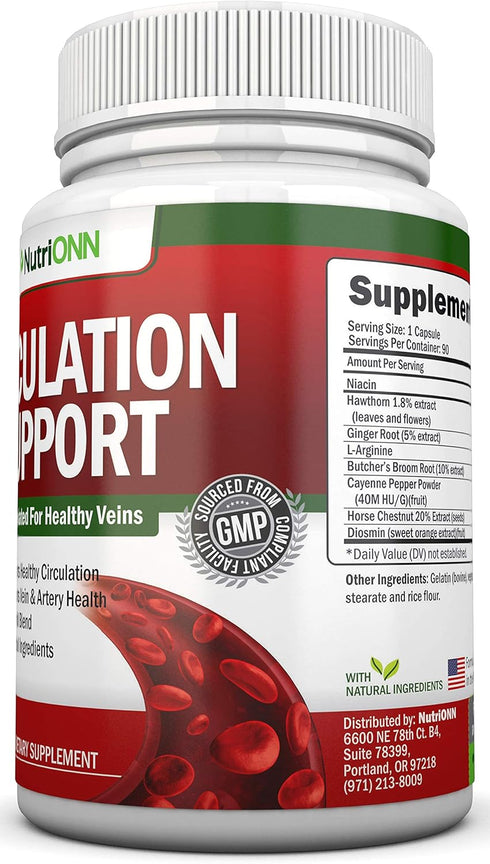 Blood Circulation Support - All Herbal Supplement For Healthy Blood Flow, Arteries & Veins - Promotes Leg Comfort - With Hawthorn, Niacin, L-Argin...