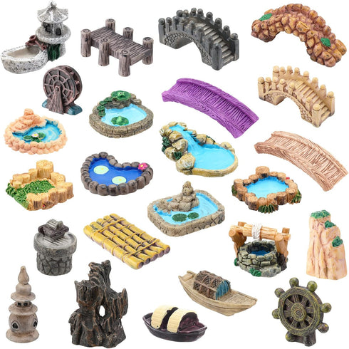 24 Pcs Miniature Garden Accessories Mini Garden Bridge Figurines Garden Decor Micro Landscape Lighthouse Water Well Ornament for Yard DIY Craft Po...
