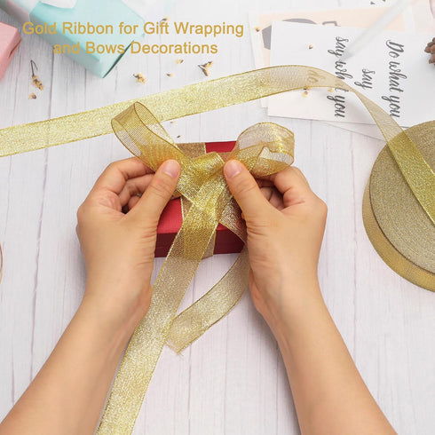 100 Yards Glitter Gold Ribbon 5/8 Inch, Sparkly Thin Solid Fabric Ribbon for Gift Wrapping, Crafts, Holiday Wedding Birthday Party Decoration Flor...