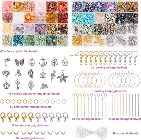 QUEFE 720pcs Crystal Chips Beads Ring Making Kit, 40 Colors Crystal Chips and Gemstone Beads for Jewelry Making Crystal Beads for Ring, Bracelets ...