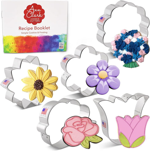 Summer Flowers Cookie Cutters 5-Pc. Set Made in the USA by Ann Clark, Flower, Rose, Sunflower, Tulip, Flower Bouquet...