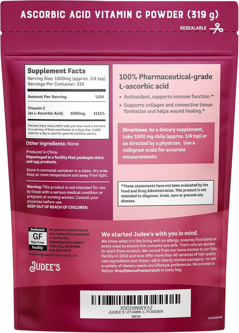 Judee’s Pure Vitamin C Powder 11.25 oz - 100% Non-GMO, Gluten-Free and Nut-Free - (L - Ascorbic Acid) - Immune Support & Antioxidant Supplement - ...