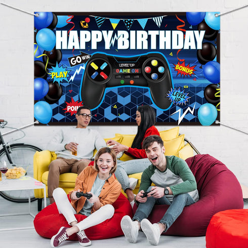 Blulu Video Game Happy Birthday Backdrop Game on Birthday Banner Level up Gaming Theme Party Background Photo Props for Party Wall Decorations Sup...