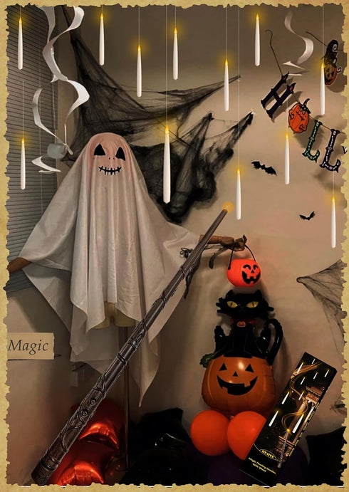 Halloween Decorations, 10 Pcs Floating Candles with Wand,Magic Flameless Hanging Candles,Flickering LED Taper Window Candles for Home Halloween De...