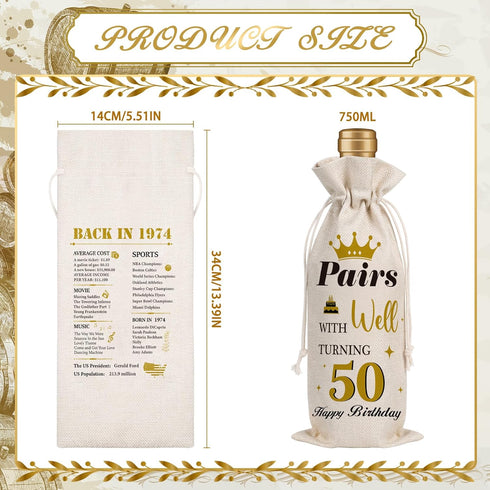 Wxiben 50th Birthday Wine Bags - 1pcs 1974 Wine Gifts for Women Men 50 Year Old Burlap Wine Gift Bag Over the Hill 50th Birthday Party Decorations...