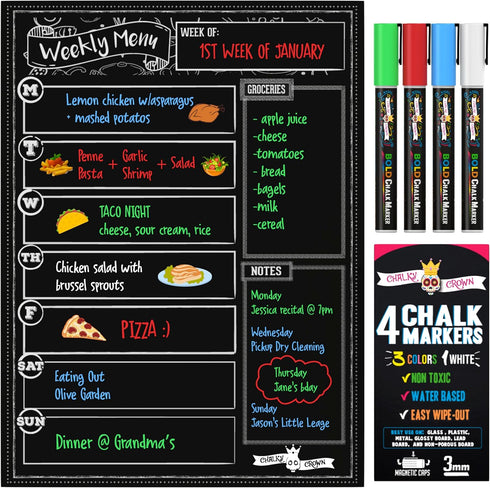 Magnetic Dry Erase Menu Board for Fridge includes 4 Liquid Chalk Markers - Weekly Meal Planner Blackboard, Grocery List and Notepad for Kitchen Re...