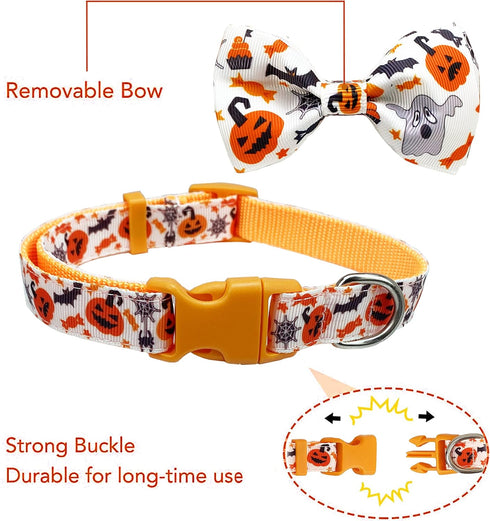 Halloween Dog Collar with Bow Tie, Holiday Pumpkin Jack-O-Lantern Collar for Small Medium Large Dogs Pets Puppies...