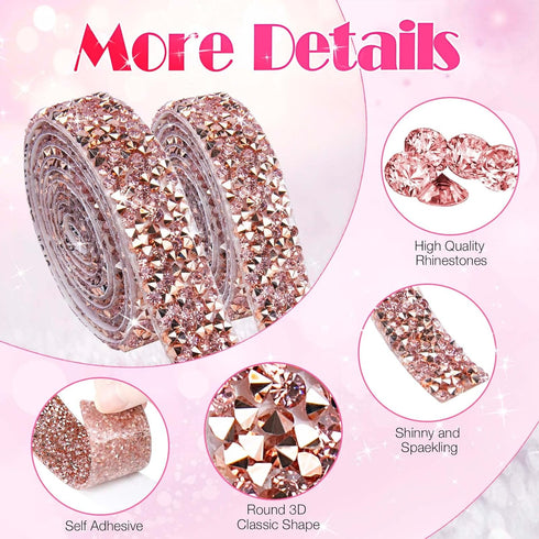 4 Rolls Rose Gold Pink Rhinestone Diamond Ribbon/Strips Self-Adhesive Crystal Diamond On a Roll, Bling Wrap DIY Art Crafts Sticker, Rhinestones Ta...