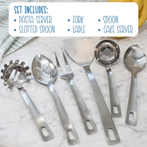 Darware Complete Serving Set (6-Piece, Silver); w/Pasta Server, Fork, Slotted Spoon, Ladle, & Cake/Casserole Server...