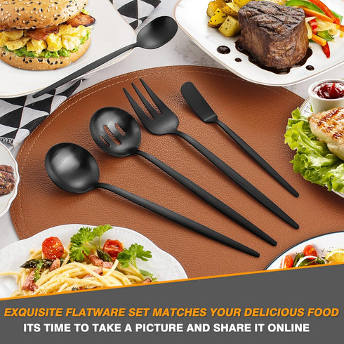 5-Piece Matte Black Serving Utensils Set, Stainless Steel Flatware Serving Set Include Spoon?Fork, Butter Knife and Slotted Spoon?Satin Finish, Di...