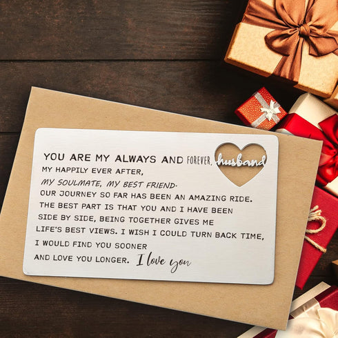 Stainless Steel Wallet Card, Engraved 'Husband' with Love Note for Anniversary, Birthday, Christmas, Valentine's Day...
