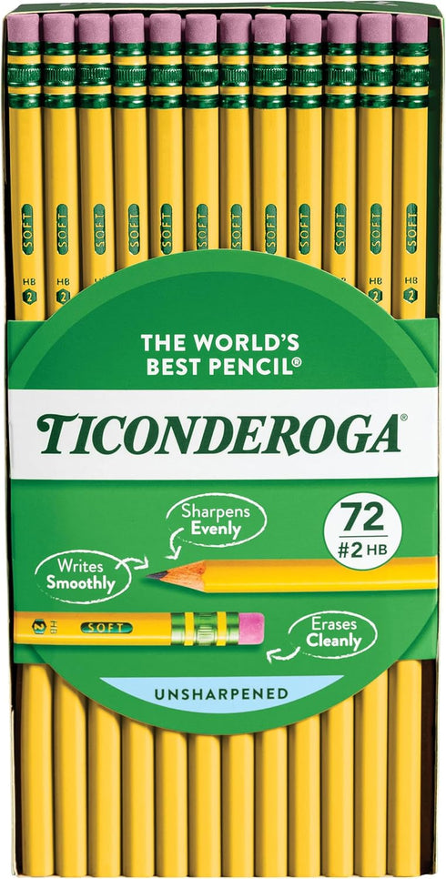 Ticonderoga Wood-Cased Pencils, Unsharpened, 2 HB Soft, Yellow, 72 Count...