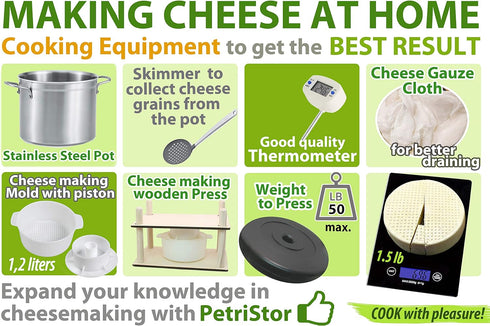 PetriStor Cheese Mold for Cheese Making Cheese with Follower Piston 1.3QT and Cheesecloth - Cheese Form Mold - Cheese Making Basket - Paneer Chees...