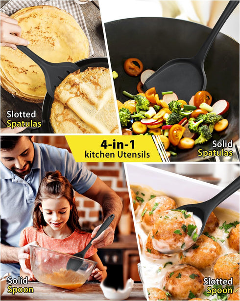 4 Pcs Silicone Kitchen Utensils Set, Wok Spatulas-Slotted Turner-Cooking Spoon-Slotted Spoon, Nonstick BPA Free High Heat Resistant Cooking Utensi...