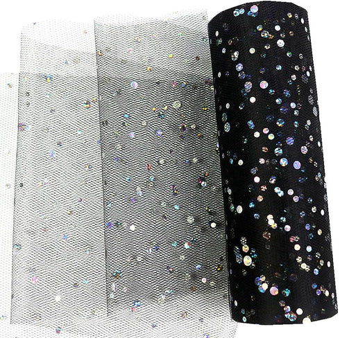 Laser Sequin Glitter Tulle Rolls 6 inch x 10 Yards (30 feet) Black Tulle Rolls Fabric Tutu for DIY Skirts Wedding Gift Wrap Sewing Crafting Bow Br...