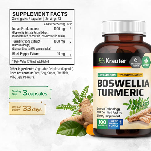BIO KRAUTER Turmeric Supplement with Boswellia Extract Capsules - 2000 mg Blend - 100 Count - Vegan Boswellia Turmeric (Curcumin) - Formula w/Blac...