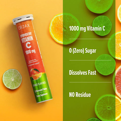 ORZAX Vitamin C 1000mg for Immune Support Supplement - Antioxidant Support - Orange Flavored (20 Effervescent Tablets)...