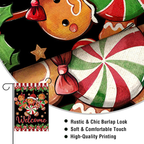 Welcome Christmas Gingerbread Man Small Decorative Garden Flag, Xmas Peppermint Candy Holly Red Berries Yard Lawn Outside Decor, Winter Holiday Fa...