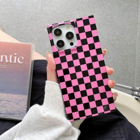 Rectangle Pink Checkered Phone Case for iPhone 15 Pro (6.1in) Cute Checkerboard Checker Flag Print Glossy Slim Trendy Rectangled Edge Strong Shock...